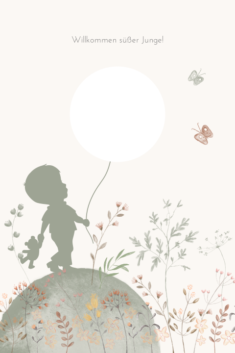 Schöne Geburtskarte mit Ausschnitt und Blumenzweigen Junge