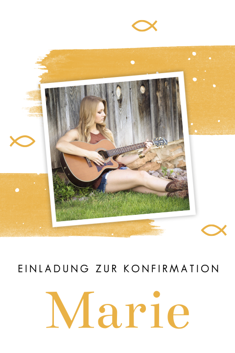 Ockergelbe Konfirmationskarte mit eigenem Foto und runden Ecken