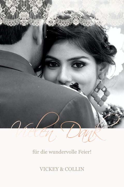 Stilvolle Danksagungskarte Hochzeit mit Foto und zarter Spitze