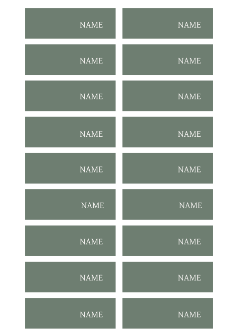 Lange Namenskarten in Grün mit weißer Schrift und optionaler Menükarte