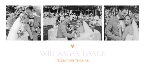 Dankeskarte Hochzeit lang mit Bildern und Schrift mit Hochglanz 