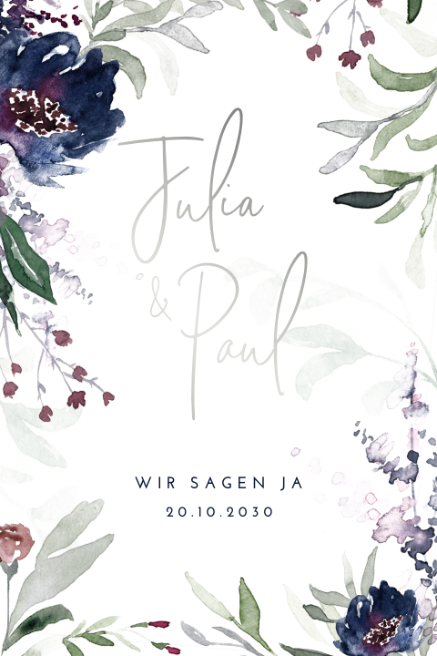 Hochzeitskarte mit Blüten und Blättern im Aquarell-Look