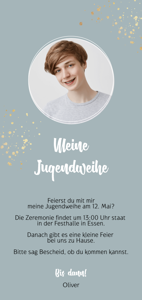 Einladung zur Jugendweihe mit Foto in Blau mit Goldelementen