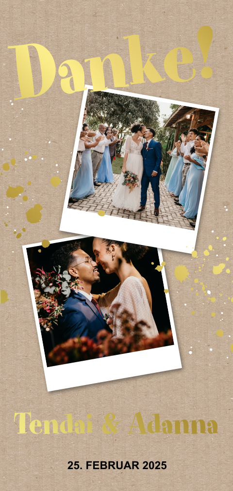Danksagungskarte mit elegantem Foliendruck und Polaroid-Fotos