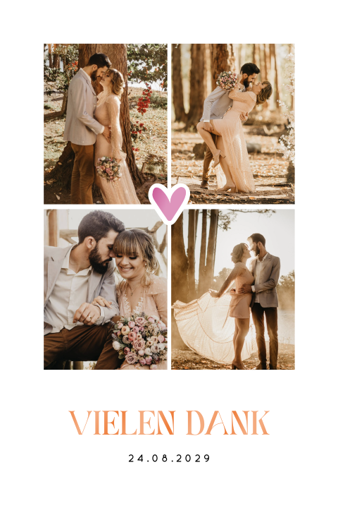 Colorblocking Dankeskarte Hochzeit mit vier Fotos, Herz und Hochglanz