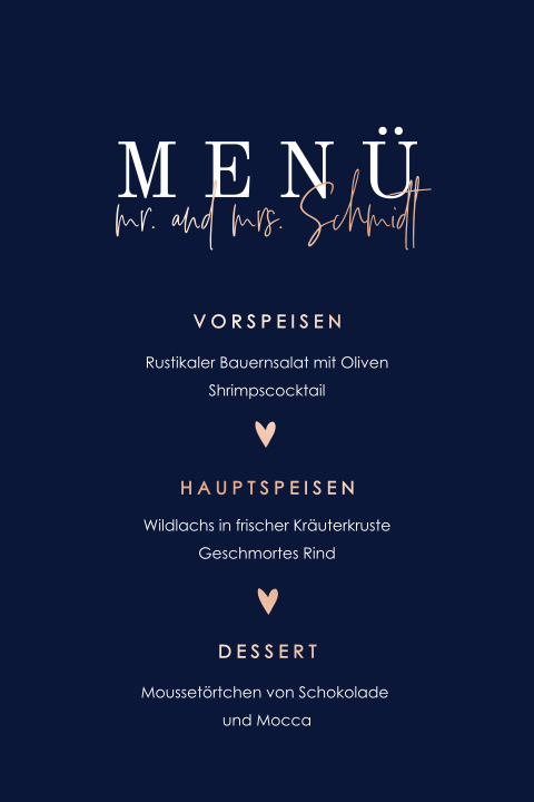 Schöne blaue Menükarte mit Roségold Veredelung