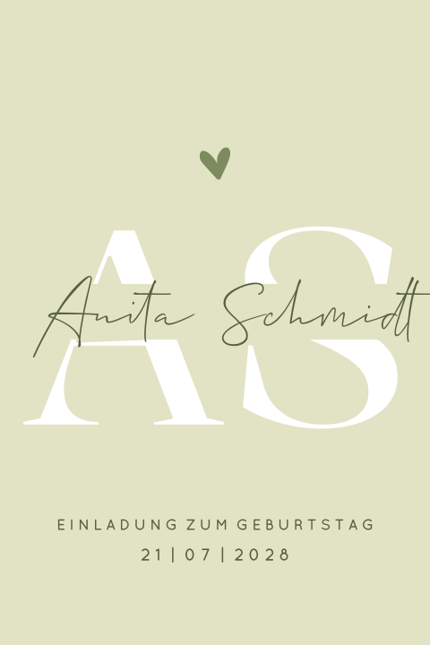 Moderne Einladung zum 50sten Geburtstag mit Initialien und Herzen