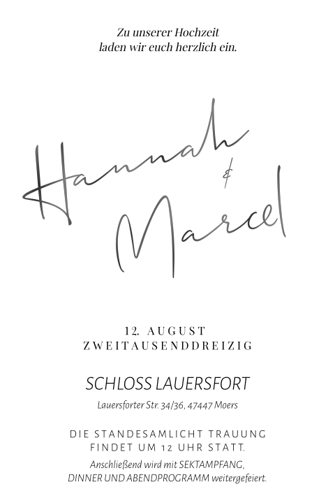 Moderne Hochzeitseinladung mit schöner Typografie in Schwarz und Weiß
