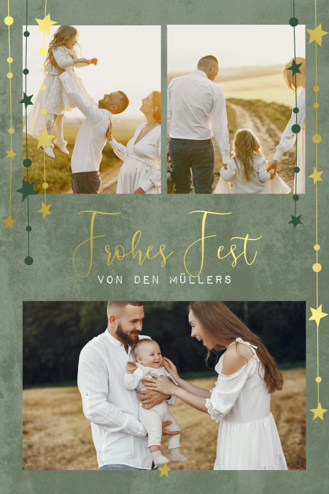 Weihnachtskarte Grün mit Fotos und Goldelementen