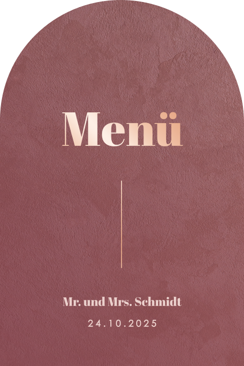 Menükarte in Bogenform mit Hintergrund in Samtoptik und Roségoldfolie