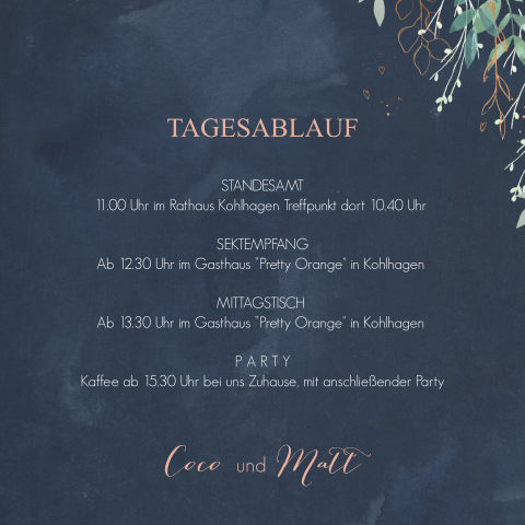 Einleger Dunkelblau mit Aquarellzweigen und Herzen