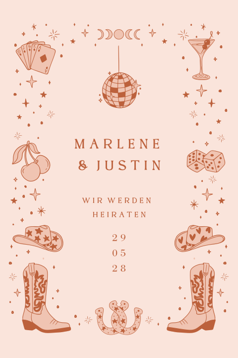 Moderne Hochzeitseinladung im Western Stil mit Illustrationen