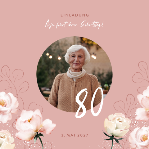 Rosa Einladung mit Aquarellblumen und Foto