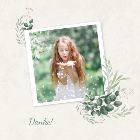 Hübsche Dankeskarte mit Foto und Aquarellblättern und Blüten