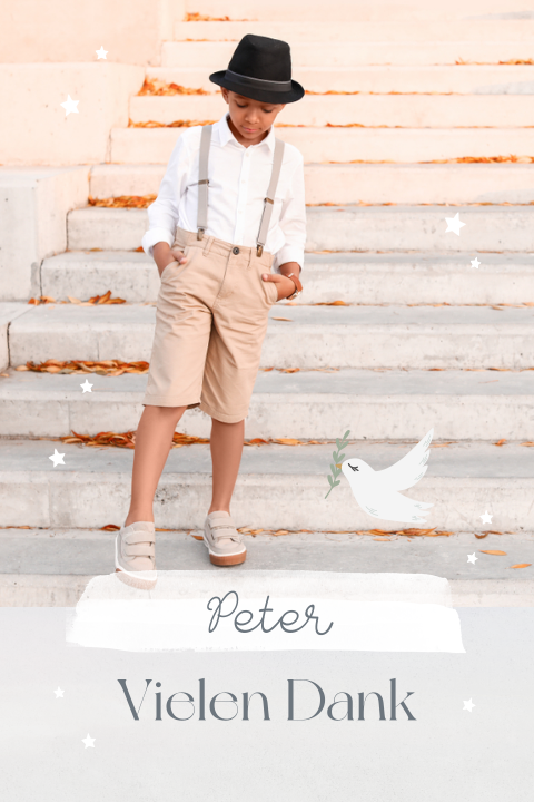 Danksagungskarte zur Kommunion mit Foto, Taube und Sternen