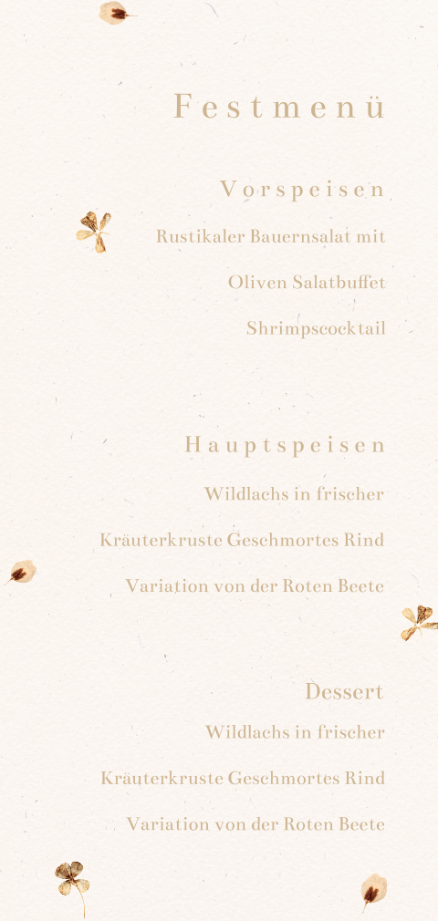 Retro-Menükarte mit gepressten Blüten - Einfaches länglich