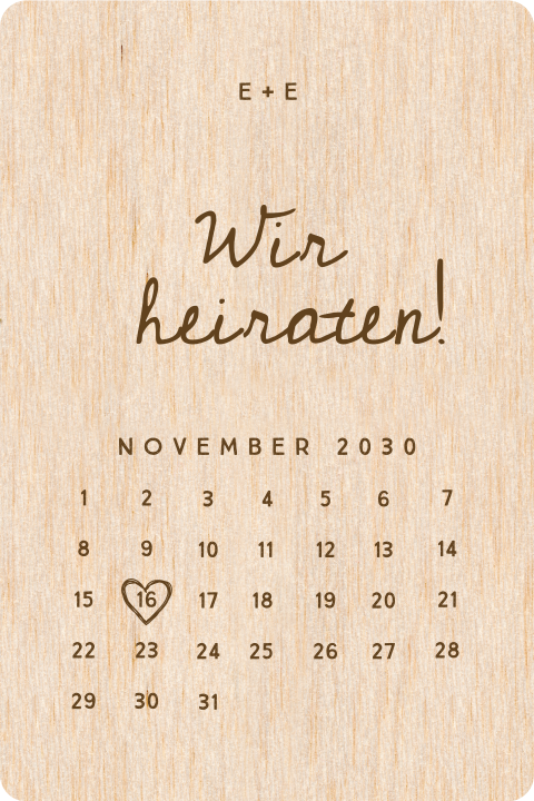 Echtholz Hochzeitseinladung mit Kalender und zierlicher Schrift 