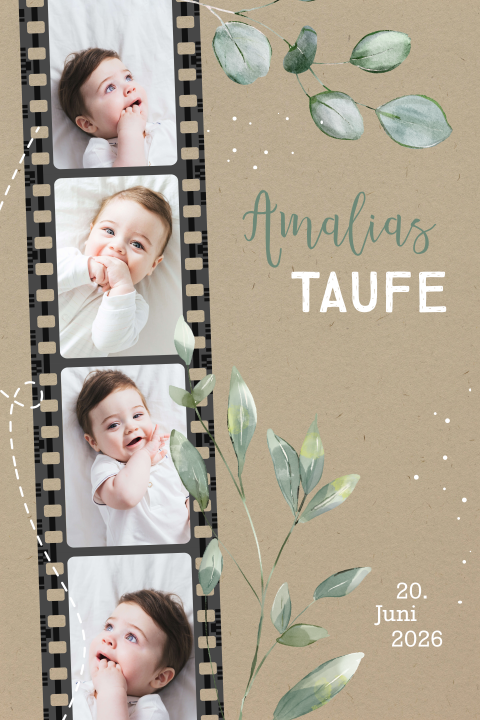 Einladung zur Taufe im Kraft-Look mit Eukalyptus und Fotostreifen