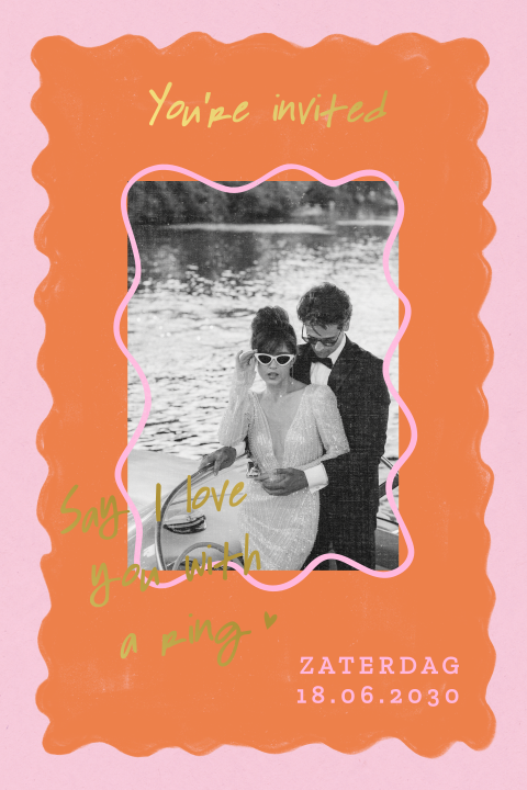 Verspielte Retro-Hochzeitseinladung in fröhlichen Farben mit Foto und Goldfolie