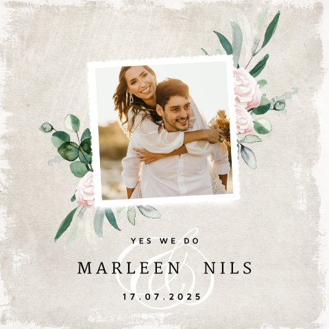 Elegante Einladung Standesamt mit Foto und dezenten Blumen