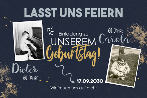 Blaue Einladung zum Doppelgeburtstag mit eigenen Fotos