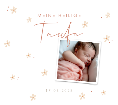 Spielerische Einladung zur Taufe mit Blümchen und Foto