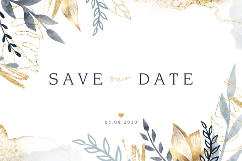 Save the Date-Karte mit Zweigen und Farbklecksen im Goldlook
