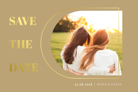 Elegante Save the Date-Karte mit runden Ecken, Goldschrift und Foto