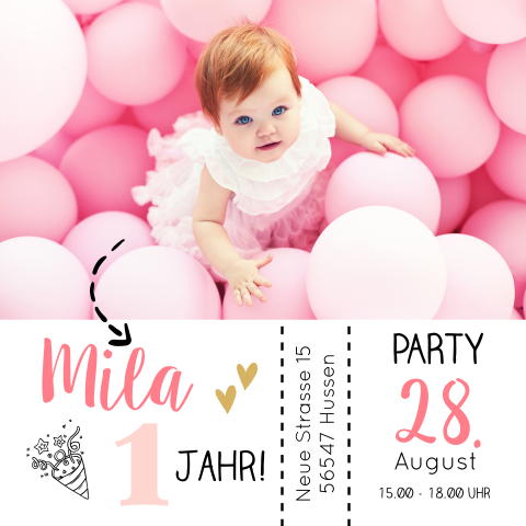 Einladung zum 1. Geburtstag mit rosa Schrift und Foto