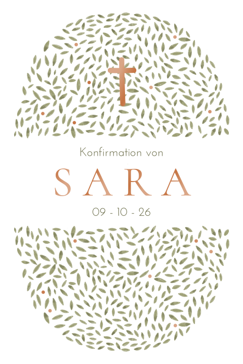 Ovale Einladungskarte zur Konfirmation mit Kreuz, Blättchen und Foto
