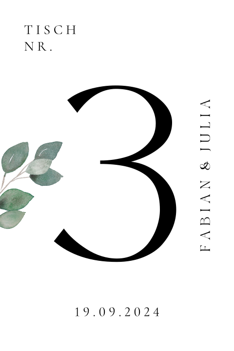 Botanische Tischnummer mit Namen und Eukalyptuszweig