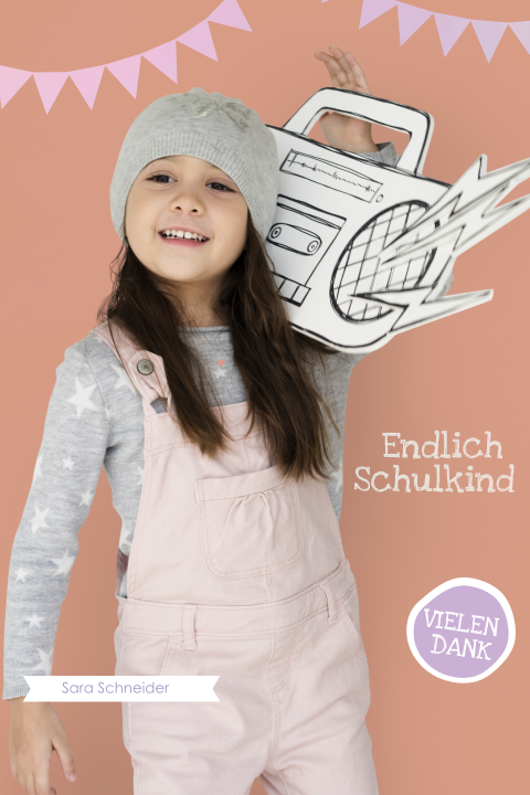 Dankeskarte zur Einschulung mit großem Foto und holografischer Folie