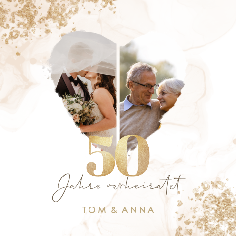 Einladung Goldenen Hochzeit mit Fotos damals und heute und Wasserfarbe