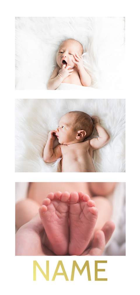 Fotostreifen Geburtsanzeige mit drei Babyfotos und Goldfolie