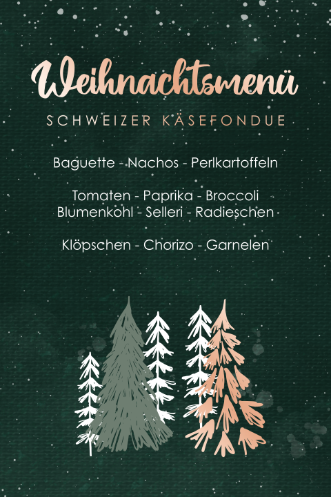 Weihnachtliche Menükarte mit Tannen und Foliendruck