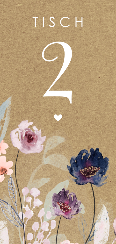 Kraftlook Karte mit Tischnummer mit Aquarell Blumen
