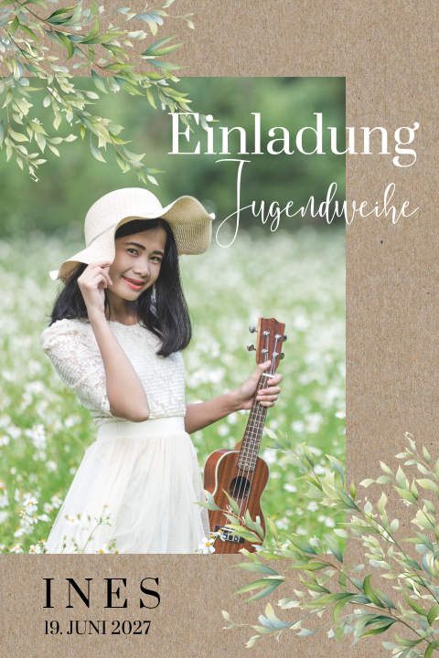 Einladung zur Jugendweihe im Kraft-Look mit Foto und schwarz-weiß