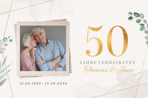 Einladung zur Goldenen Hochzeit mit Foto und Blättern