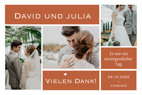 Schöne Hochzeitsdanksagung mit Fotos und roten Farbflächen