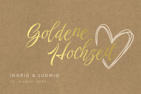 Einladung zur goldenen Hochzeit in Kraft-Look mit Herz und Goldfolie