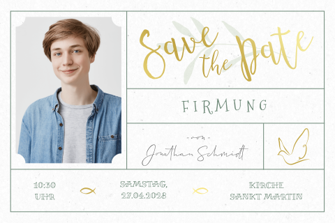 Save my date Firmung-Einladung in Ticketform mit Goldfolie