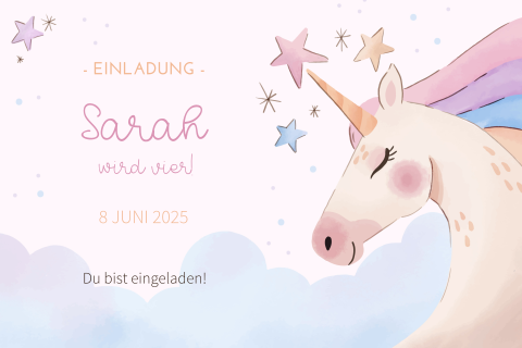 Geburtstagseinladung in Pastellfarben mit Einhorn und Sternchen
