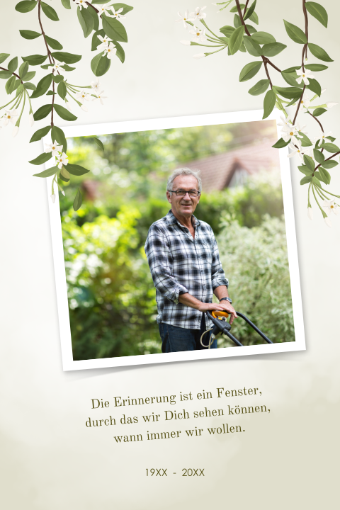 Trauerdanksagung mit hängenden Zweigen und Foto