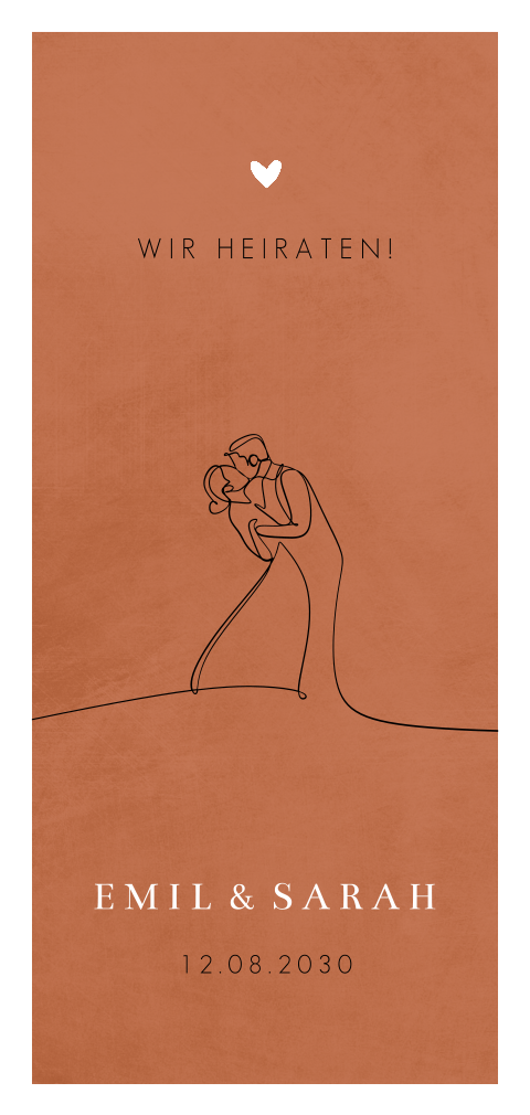 Längliche Hochzeitseinladung im Terracottaton mit Strichzeichnung