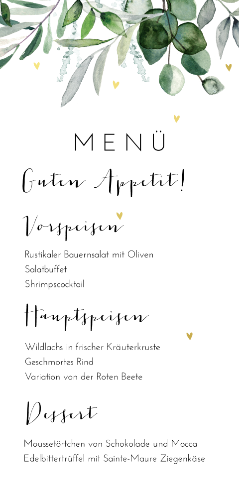 Menükarte mit Blättern und Herzchen