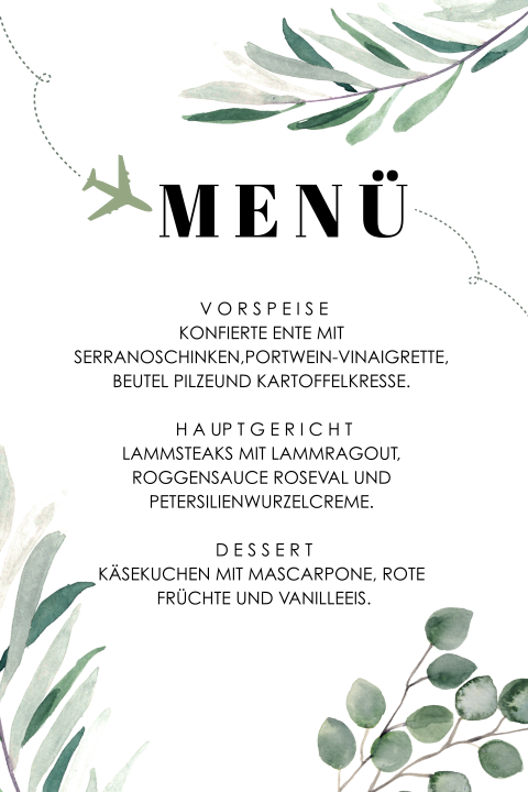 Menükarte mit Eukalyptusblättern und Flugzeug