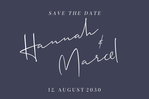 Moderne Save-the-Date-Karte mit lustiger Typografie auf Blau