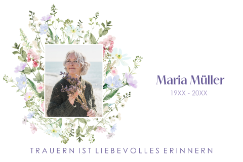 Dankeskarte Trauer mit Foto in Blumenrahmen und lila Farben