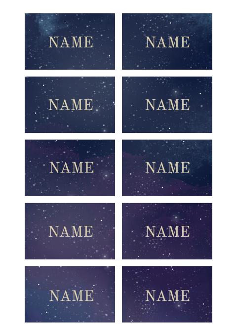 Namenskarten mit Wasserfarben-Sternenhimmel und goldener Schrift