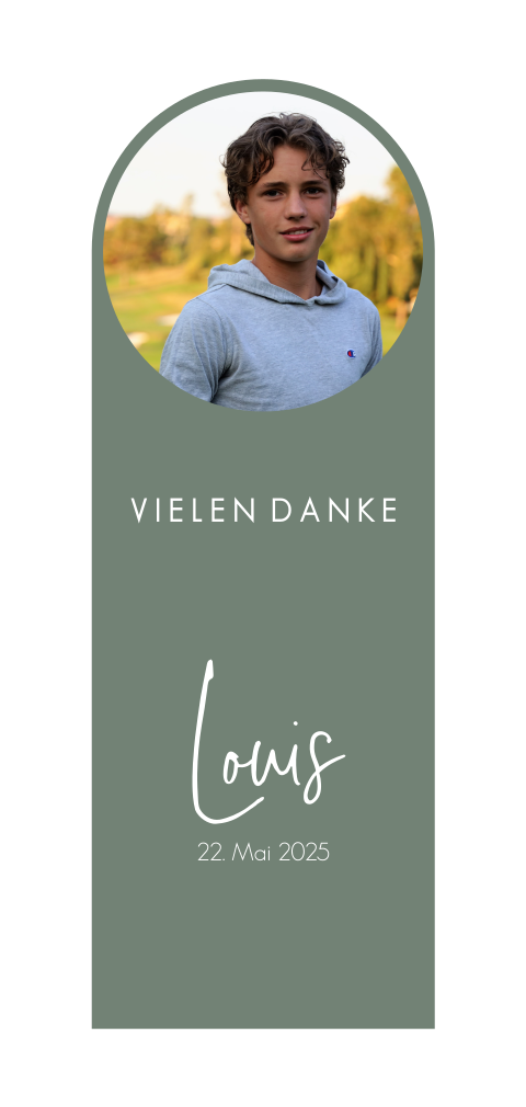 Danksagungskarte zur Konfirmation mit Foto auf grünem Hintergrund
